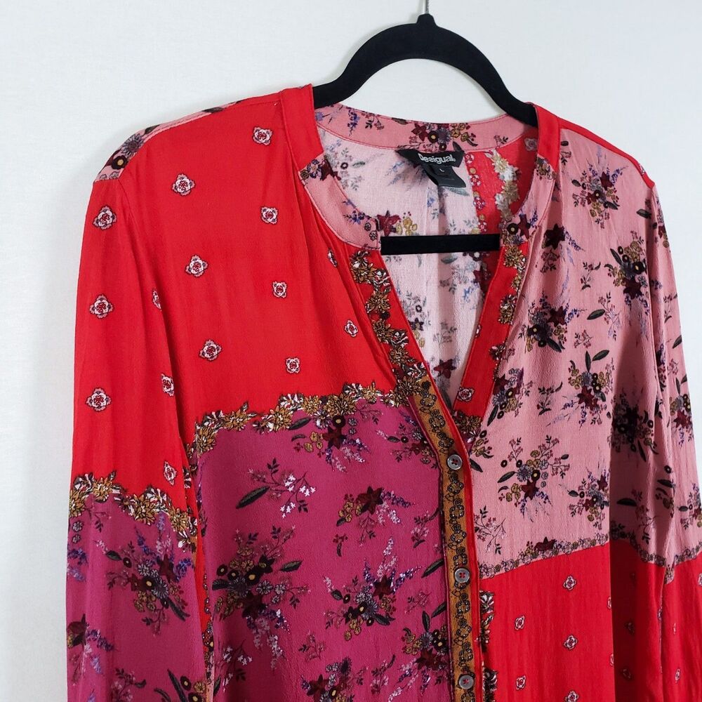 Desigual Bohemian Eclectic Mixed Print Patchwork Top Womens L Artsy Button Front - Picture 4 of 8